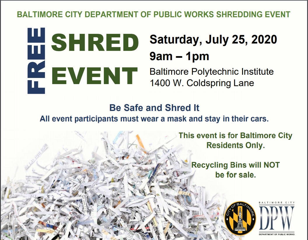 DPW Free Paper Shredding Event July 25 9am to 1pm Baltimore City